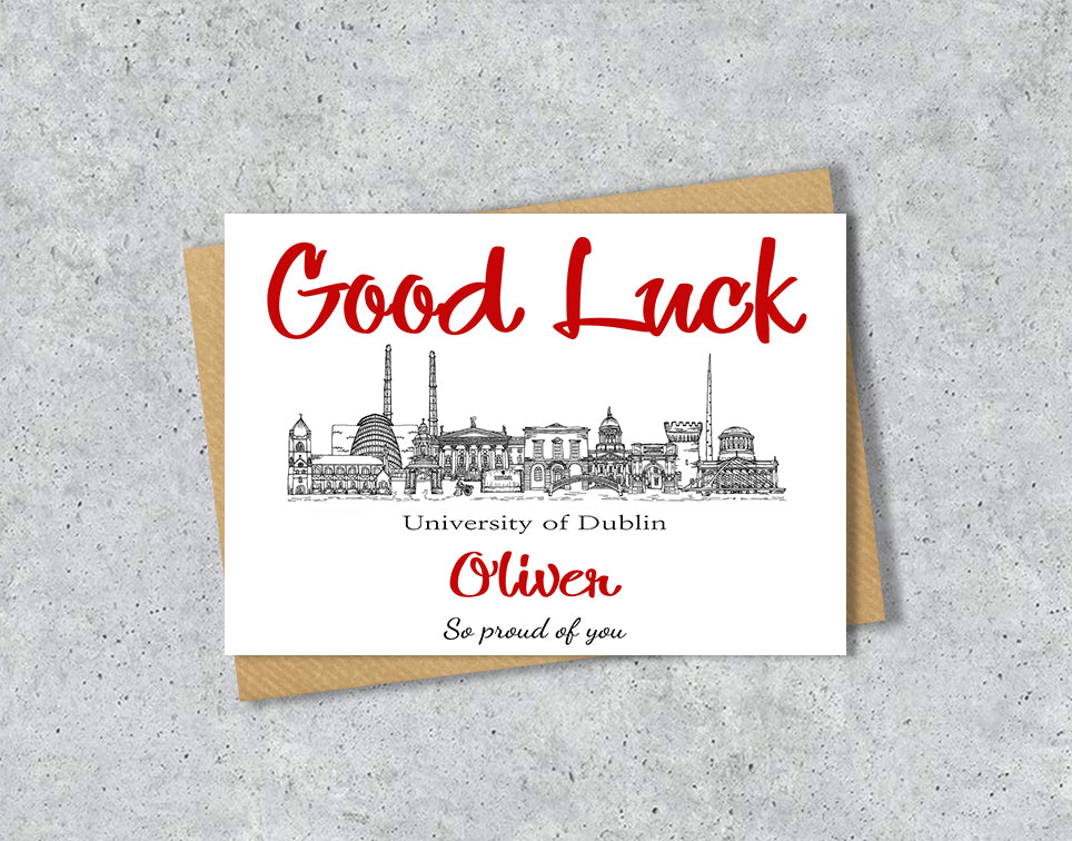 Greeting card with University of Dublin textile illustration and 'Gook Luck' with personalised text.