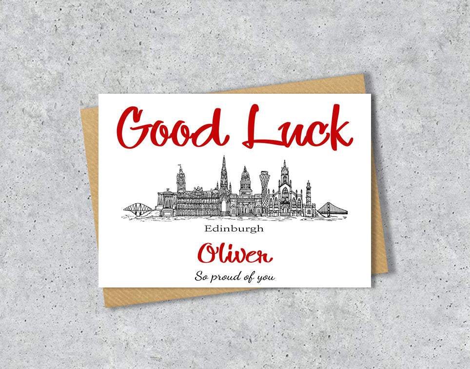 Greeting card with University of Edinburgh textile illustration and 'Gook Luck' with personalised text.