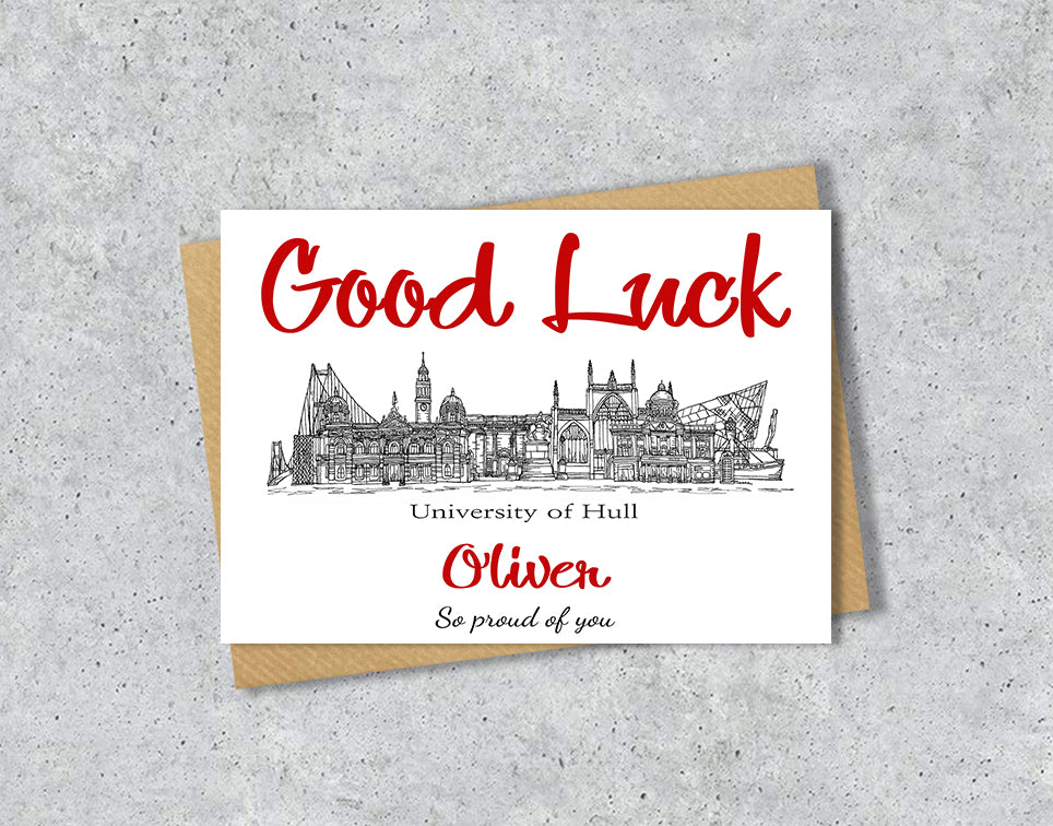 Greeting card with University of Hull textile illustration and 'Gook Luck' with personalised text.
