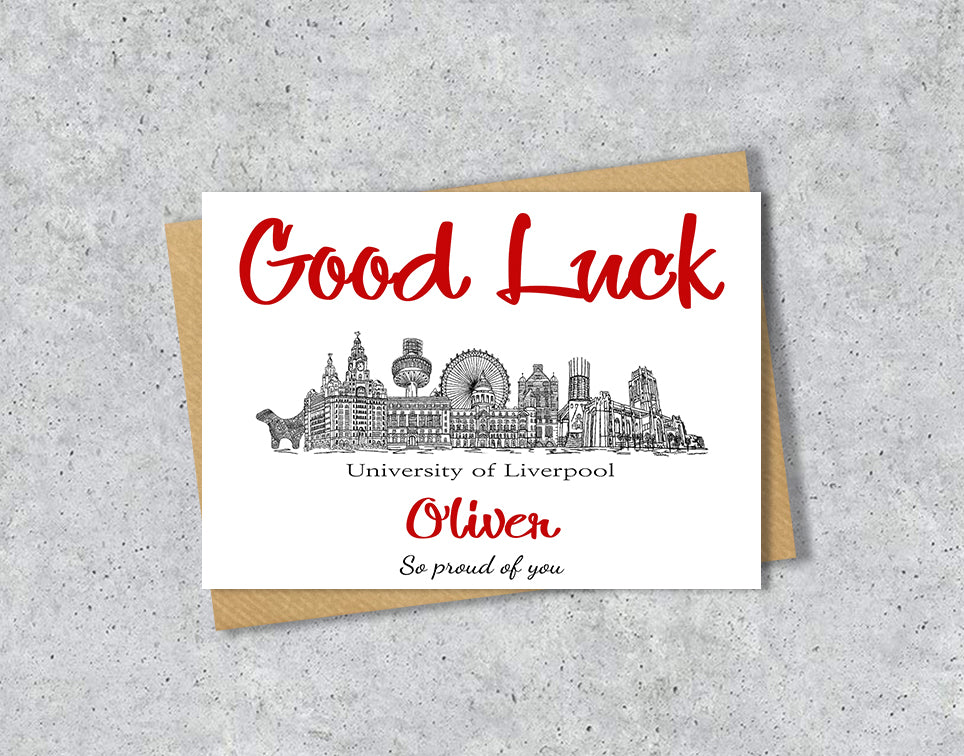 Greeting card with University of Liverpool textile illustration and 'Gook Luck' with personalised text.