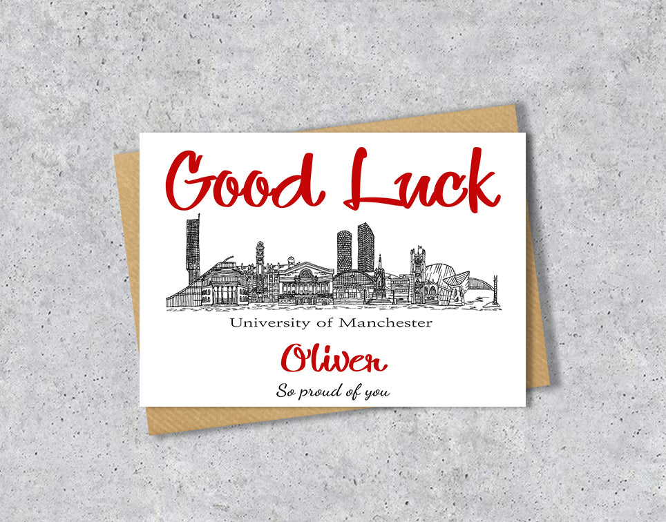 Greeting card with University of Manchester textile illustration and 'Gook Luck' with personalised text.