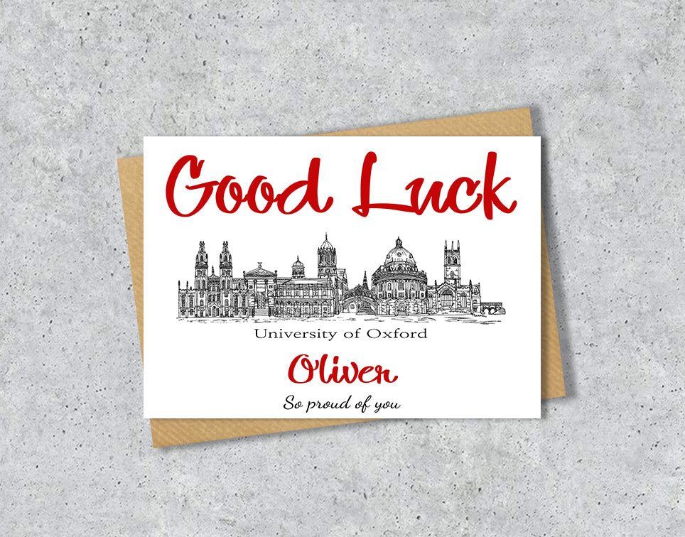 Greeting card with University of Oxford textile illustration and 'Gook Luck' with personalised text.