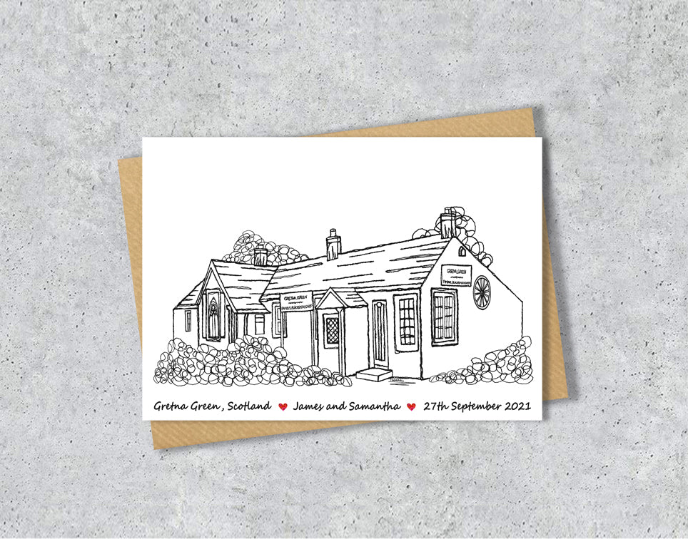 Wedding / Anniversary card with a black and white textile illustration of Gretna Green with personalised text.