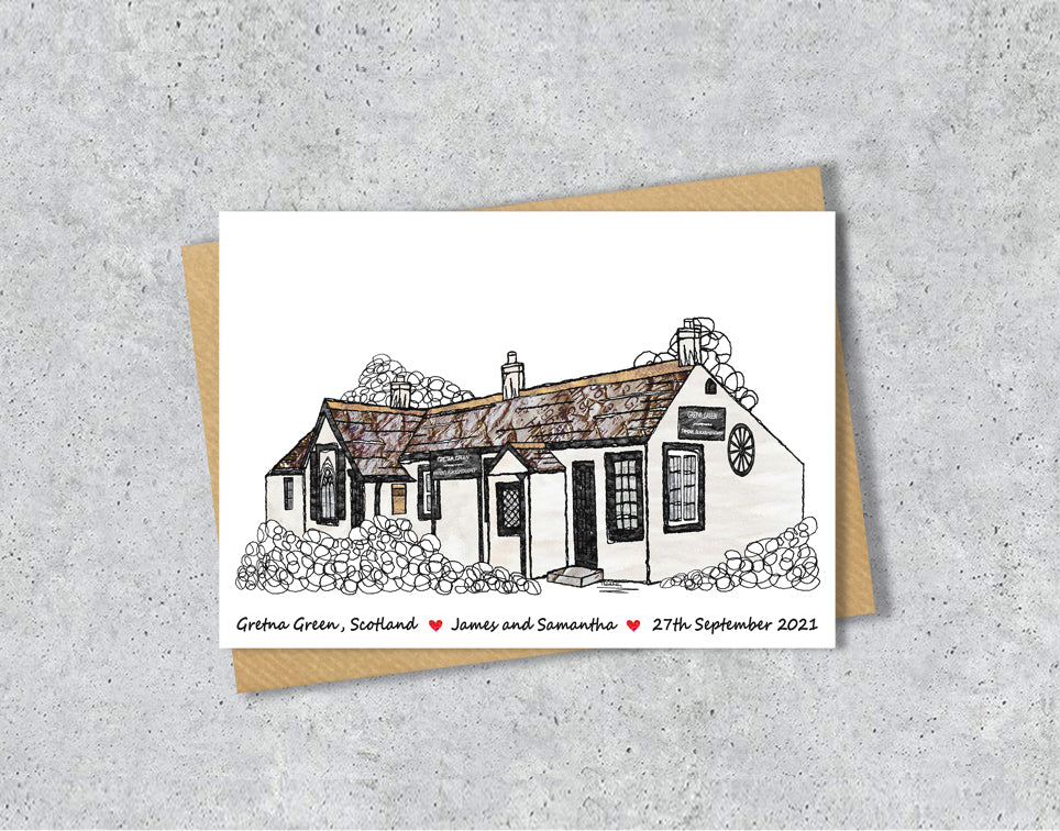 Wedding / Anniversary card with a textile illustration of Gretna Green with personalised text.