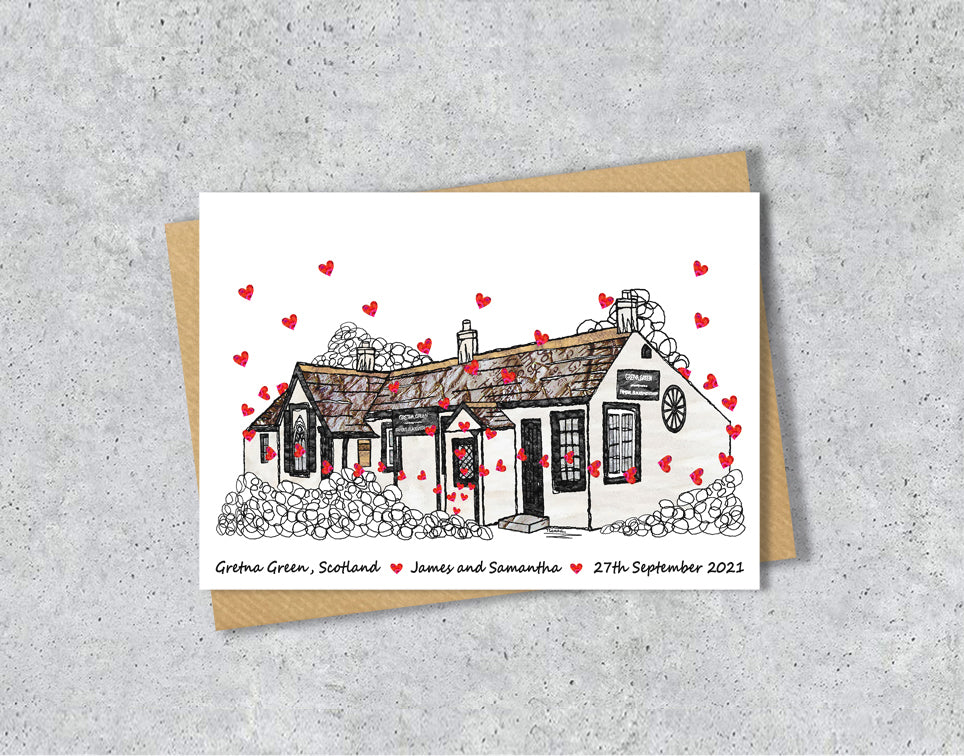 Wedding / Anniversary card with a textile illustration of Gretna Green and red hearts with personalised text.
