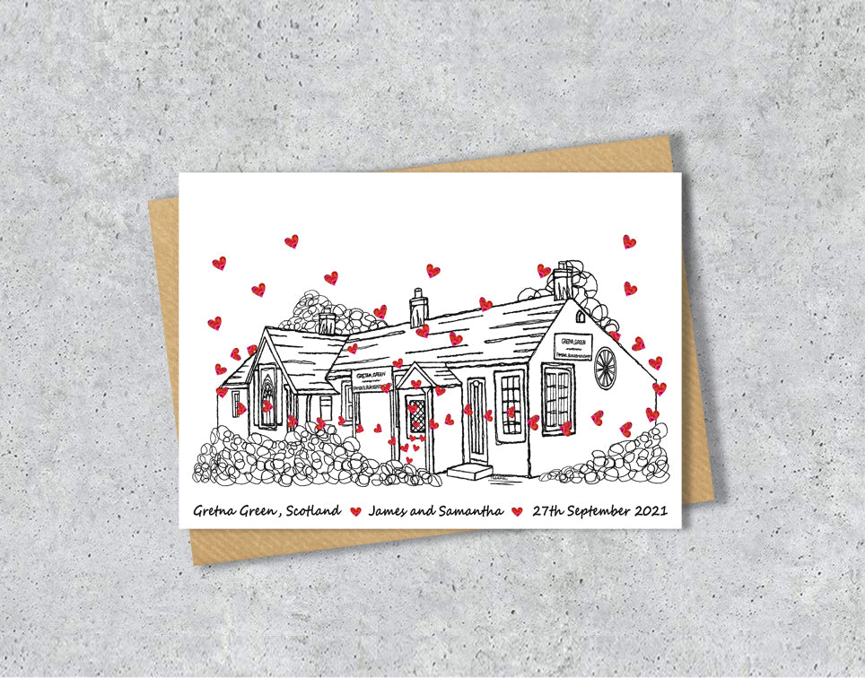 Wedding / Anniversary card with a black and white textile illustration of Gretna Green and red hearts with personalised text.