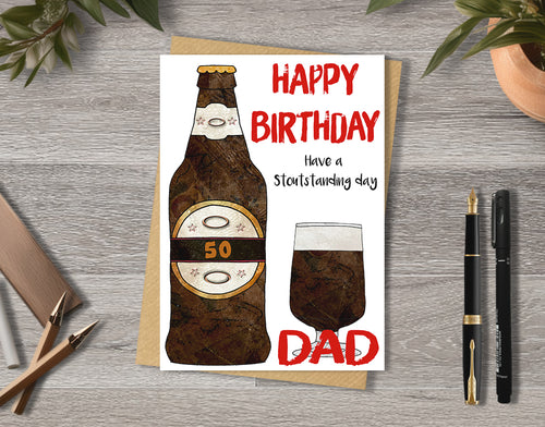 50th Birthday card with beer bottle and glass illustration "Have a stoutstanding day" with personalised text.