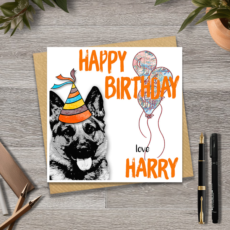 Birthday card with a German Shepherd wearing a party hat and balloons, with personalised text.