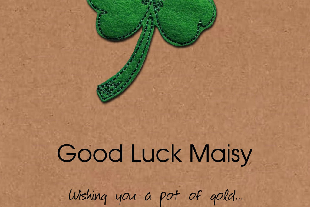 Personalised Good Luck Card, Embroidered Four Leaf Clover, Minimalist Design, Kraft Eco Friendly Gift Card