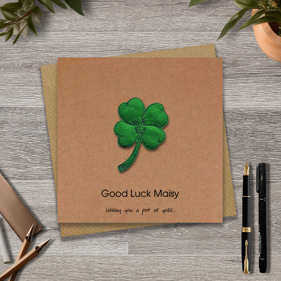 Kraft good luck card with embroidered four leaf clover design and personalised text