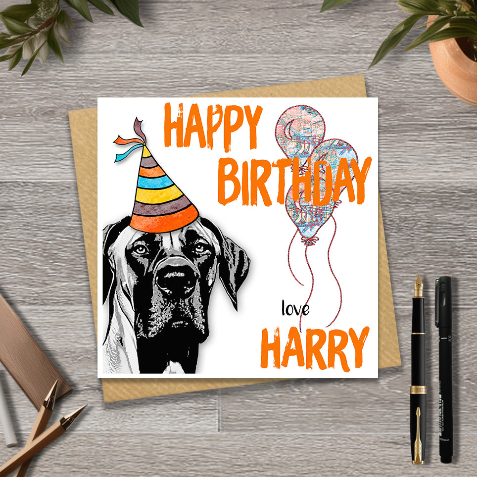 Birthday card with a Great Dane wearing a party hat and balloons, with personalised text.