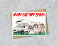 Birthday card with a caravan illustration and 'Happy Birthday Sarah' 