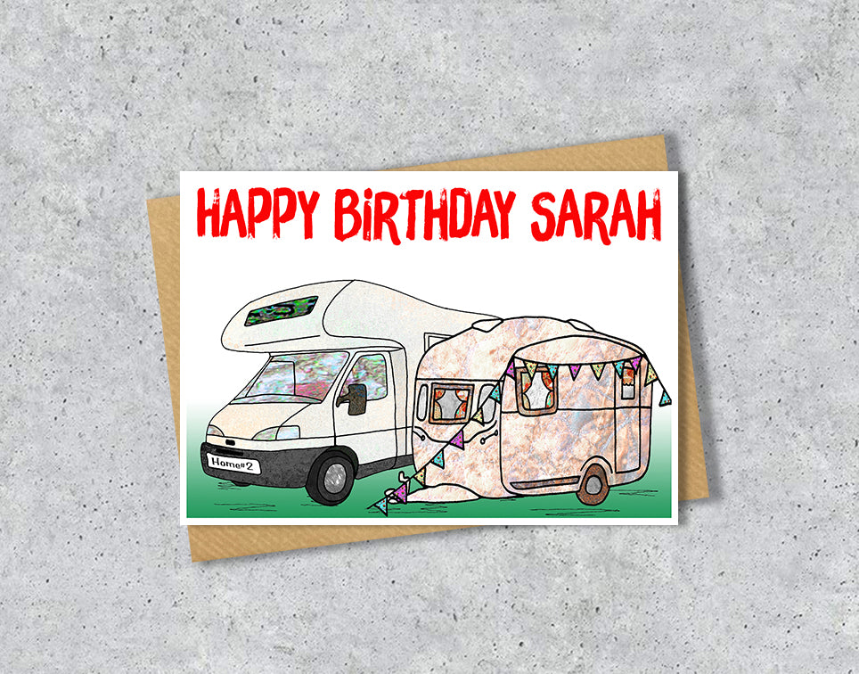 Birthday card with a caravan illustration and 'Happy Birthday Sarah' 
