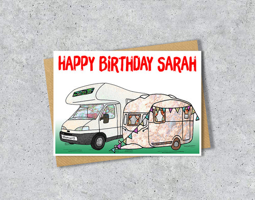 Birthday card with a caravan illustration and 'Happy Birthday Sarah' 