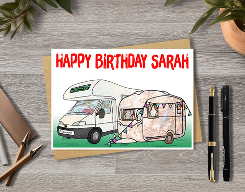 Birthday card with RV illustration and 'Happy Birthday Sarah' 