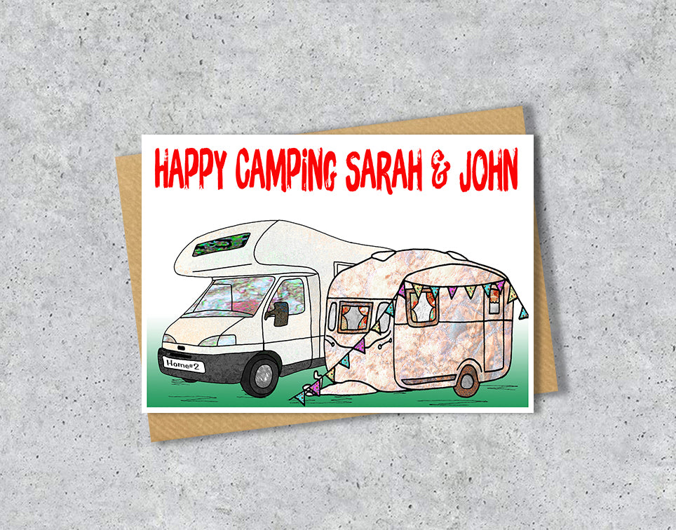 Personalized camping card with two caravans and 'Happy Camping Sarah & John' 