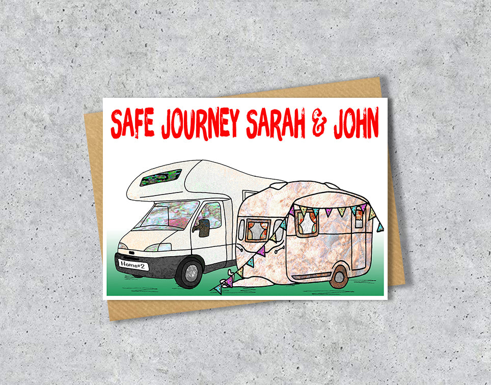 with a caravan illustration and 'Happy Birthday Sarah'