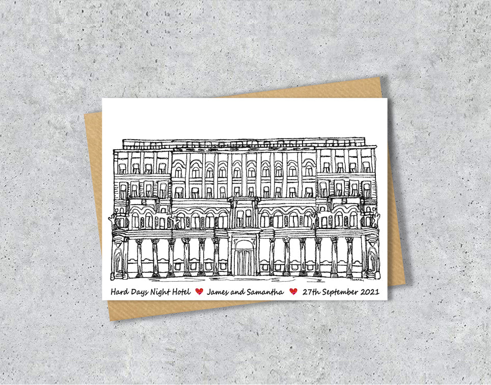 Wedding / Anniversary card with a black and white textile illustration of Hard Days Night Hotel Liverpool with personalised text.