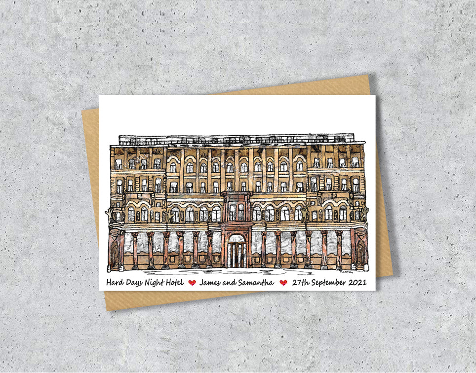 Wedding / Anniversary card with a textile illustration of Hard Days Night Hotel Liverpool with personalised text.