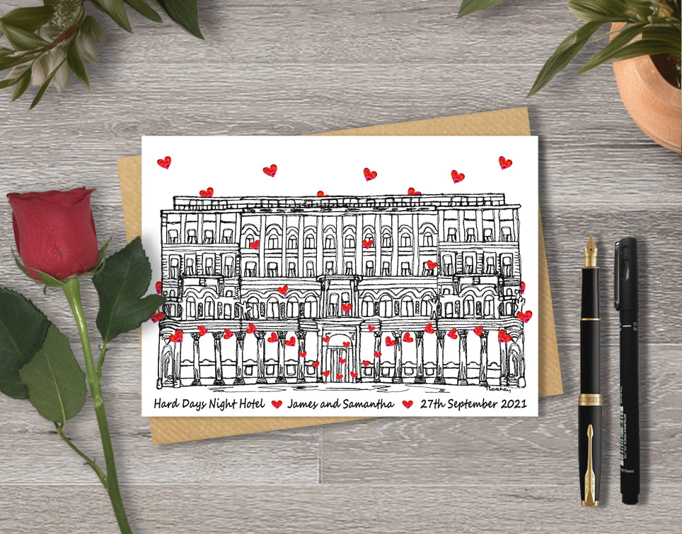 Wedding / Anniversary card with a black and white textile illustration of Hard Days Night Hotel Liverpool and red hearts with personalised text.