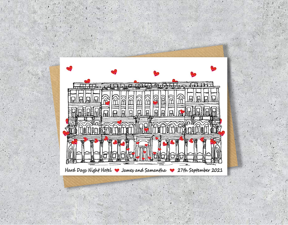 Wedding / Anniversary card with a black and white textile illustration of Hard Days Night Hotel Liverpool and red hearts with personalised text.
