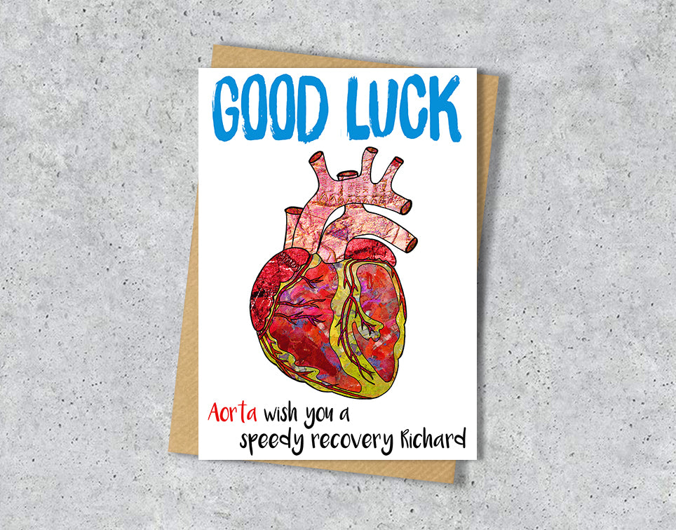 Good luck card with a heart illustration saying "Aorta wish you a speedy recovery" with personalised text.