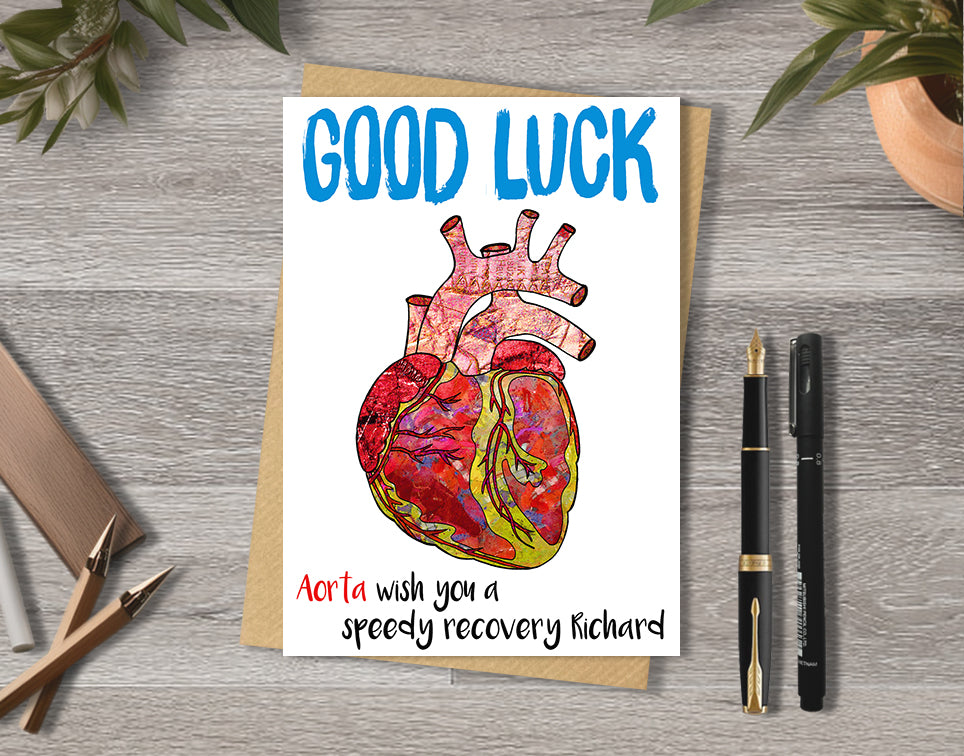 Good luck card with a heart illustration saying "Aorta wish you a speedy recovery" with personalised text.