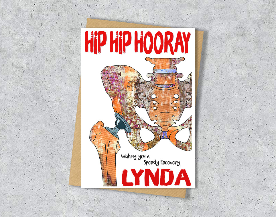 Greeting card with hip bone illustration and 'Hip Hip Hooray' with personalised text.