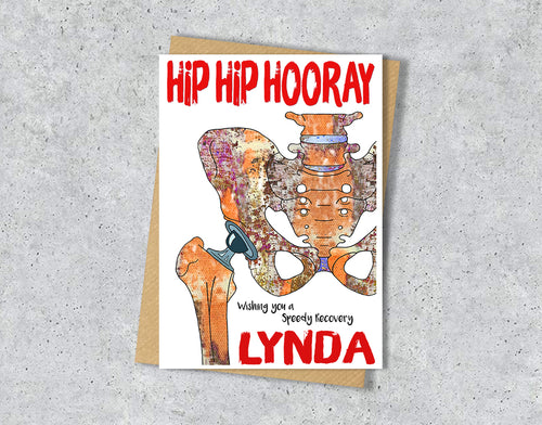 Greeting card with hip bone illustration and 'Hip Hip Hooray' with personalised text.