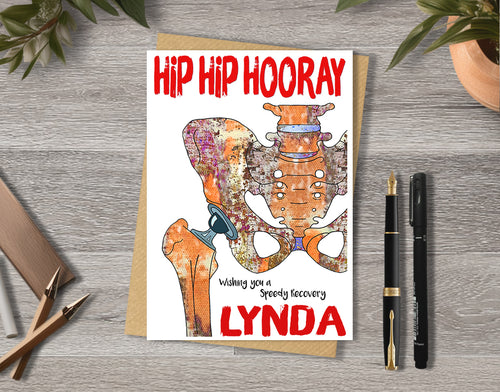 Greeting card with hip bone illustration and 'Hip Hip Hooray' with personalised text.