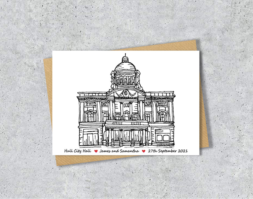 Wedding card with a black and white textile illustration of Hull City Hall with personalised text