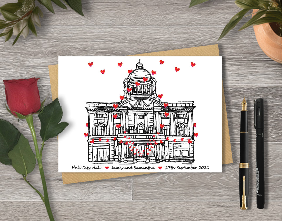 Wedding / Anniversary card with a black and white textile illustration of Hull City Hall and red hearts with personalised text