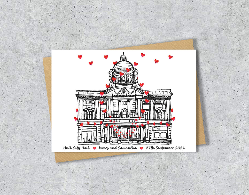 Wedding card with a black and white textile illustration of Hull City Hall and red hearts with personalised text