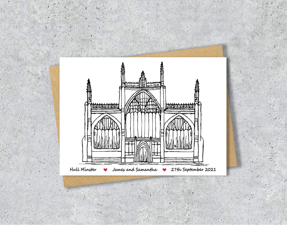 Wedding / Anniversary card with a black and white textile illustration of Hull Minster with personalised text