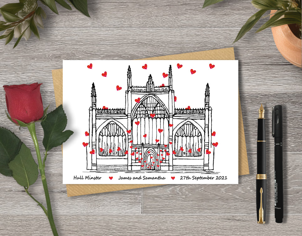Wedding / Anniversary card with a black and white textile illustration of Hull Minster and red hearts with personalised text