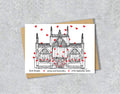 Wedding / Anniversary card with a black and white textile illustration of Hull Minster and red hearts with personalised text