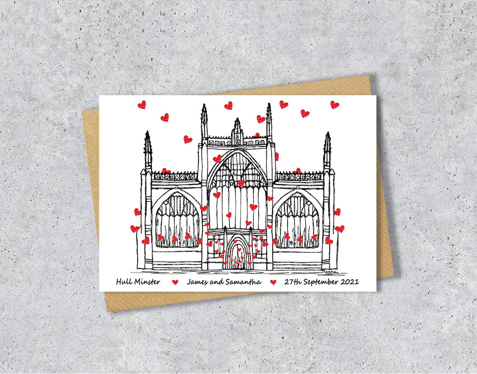 Wedding / Anniversary card with a black and white textile illustration of Hull Minster and red hearts with personalised text