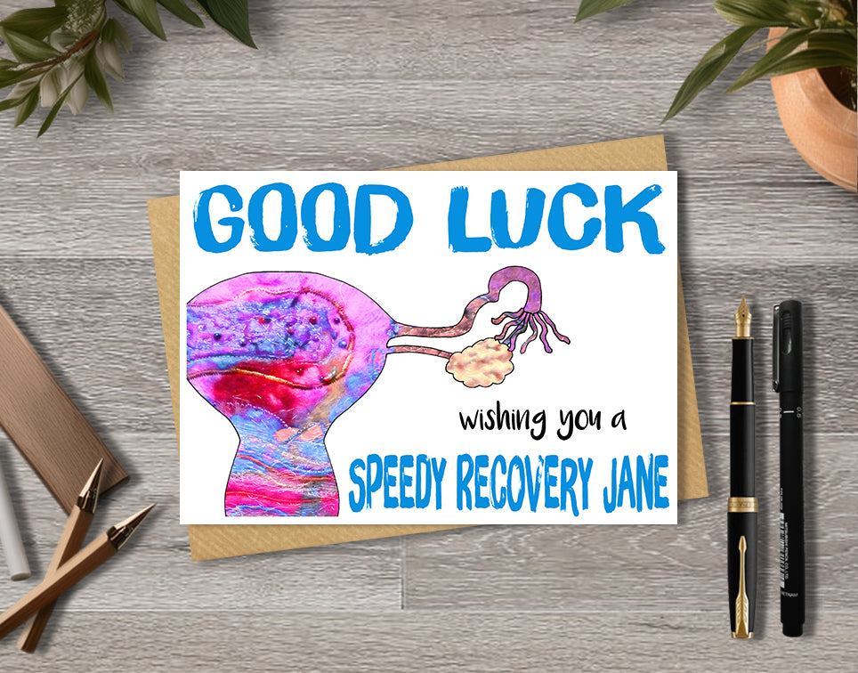 Female hysterectomy card with a womb illustration saying "wishing you a speedy recovery" with personalised text.