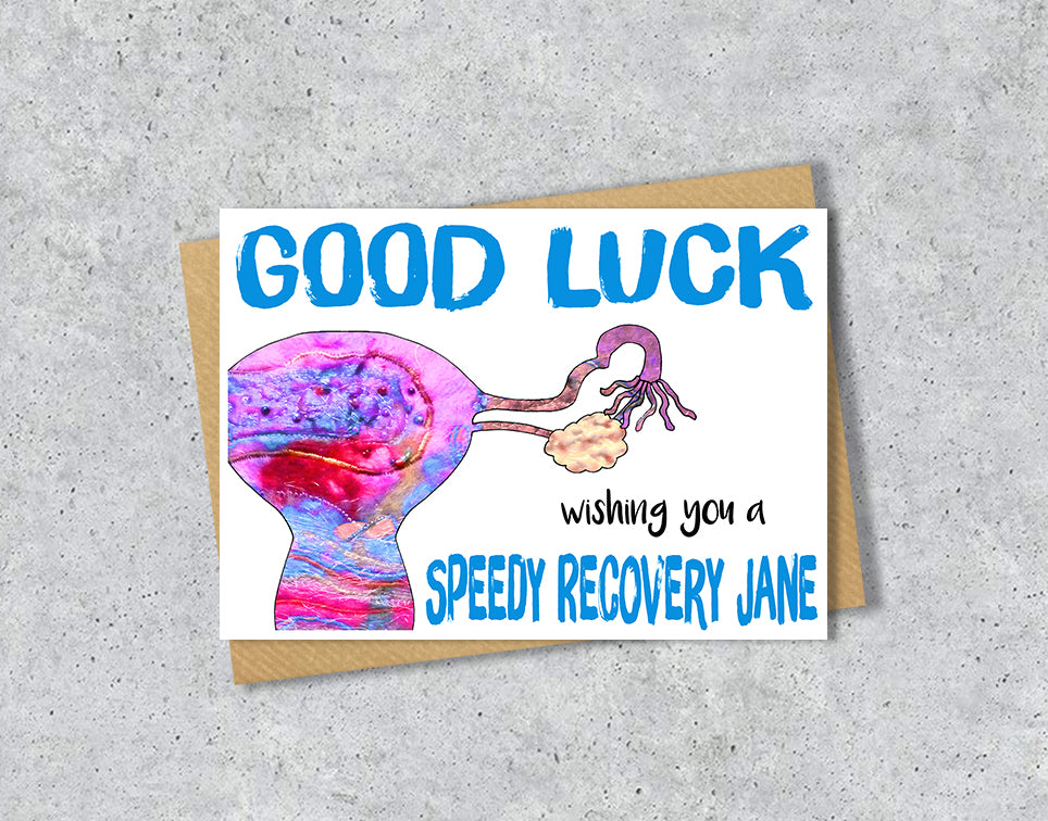 Female hysterectomy card with a womb illustration saying "wishing you a speedy recovery" with personalised text.