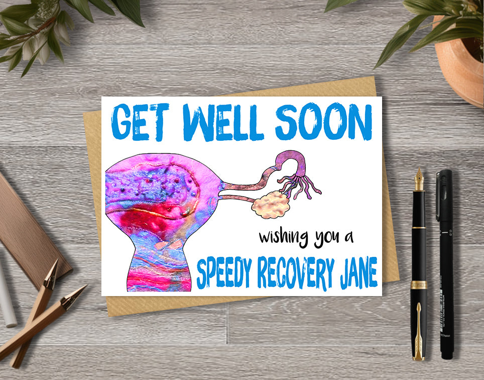 Female hysterectomy card with a womb illustration saying "wishing you a speedy recovery" with personalised text.
