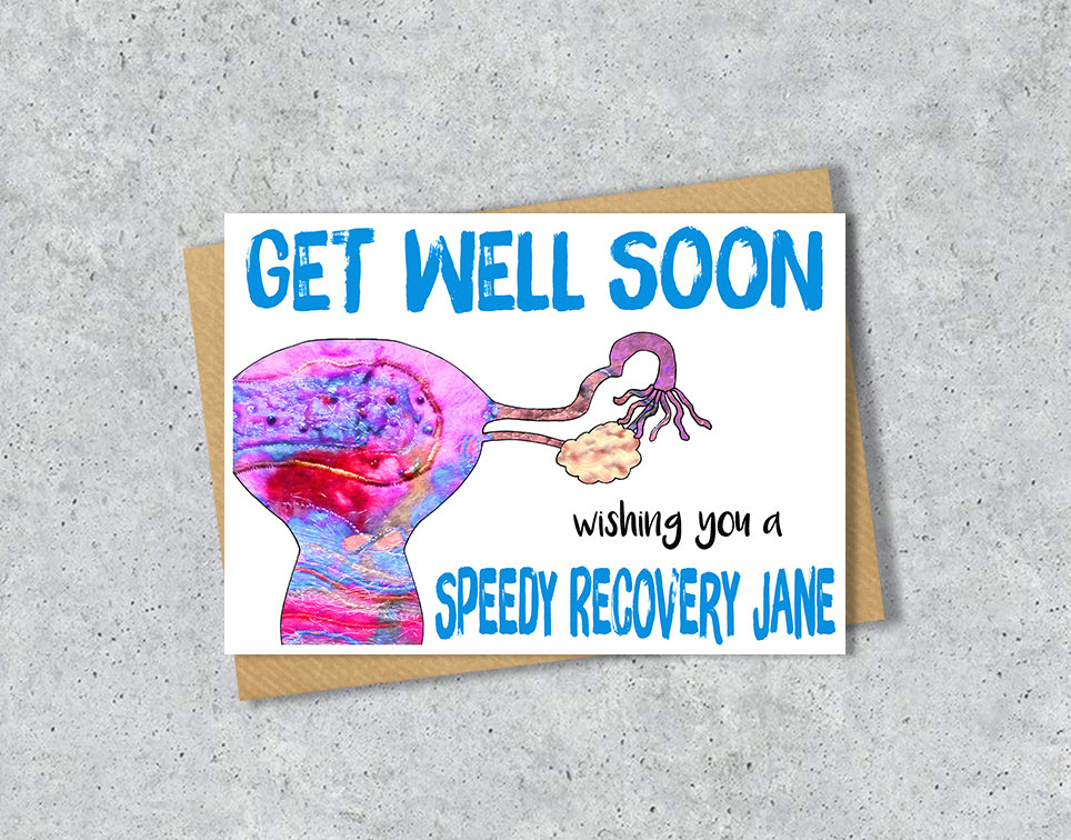 Female hysterectomy card with a womb illustration saying "wishing you a speedy recovery" with personalised text.
