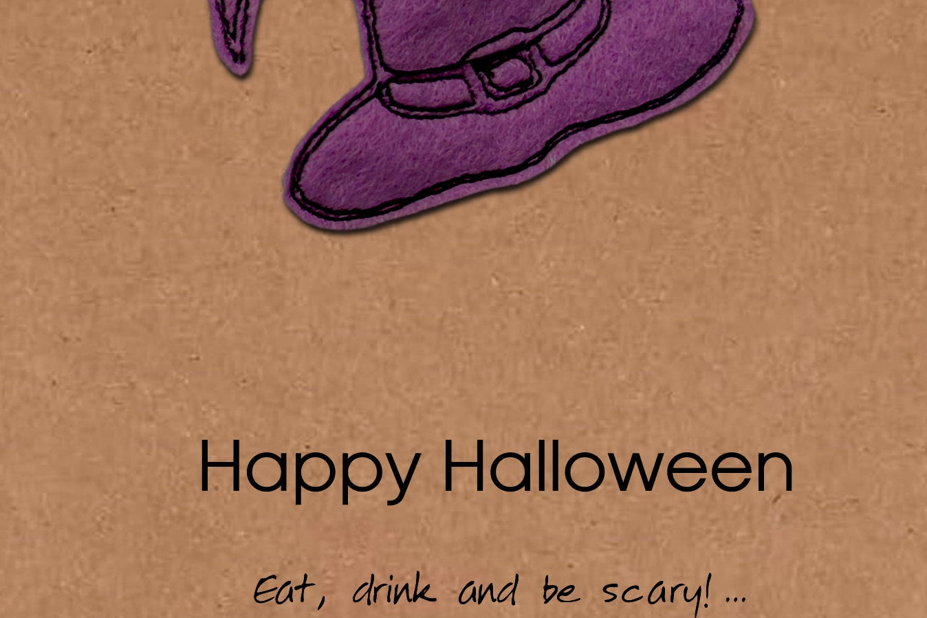 Purple witch hat on a brown background with 'Happy Halloween' text.