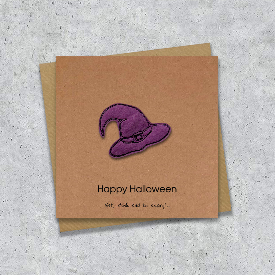 Kraft Halloween card with a embroidered purple witches hat design and text