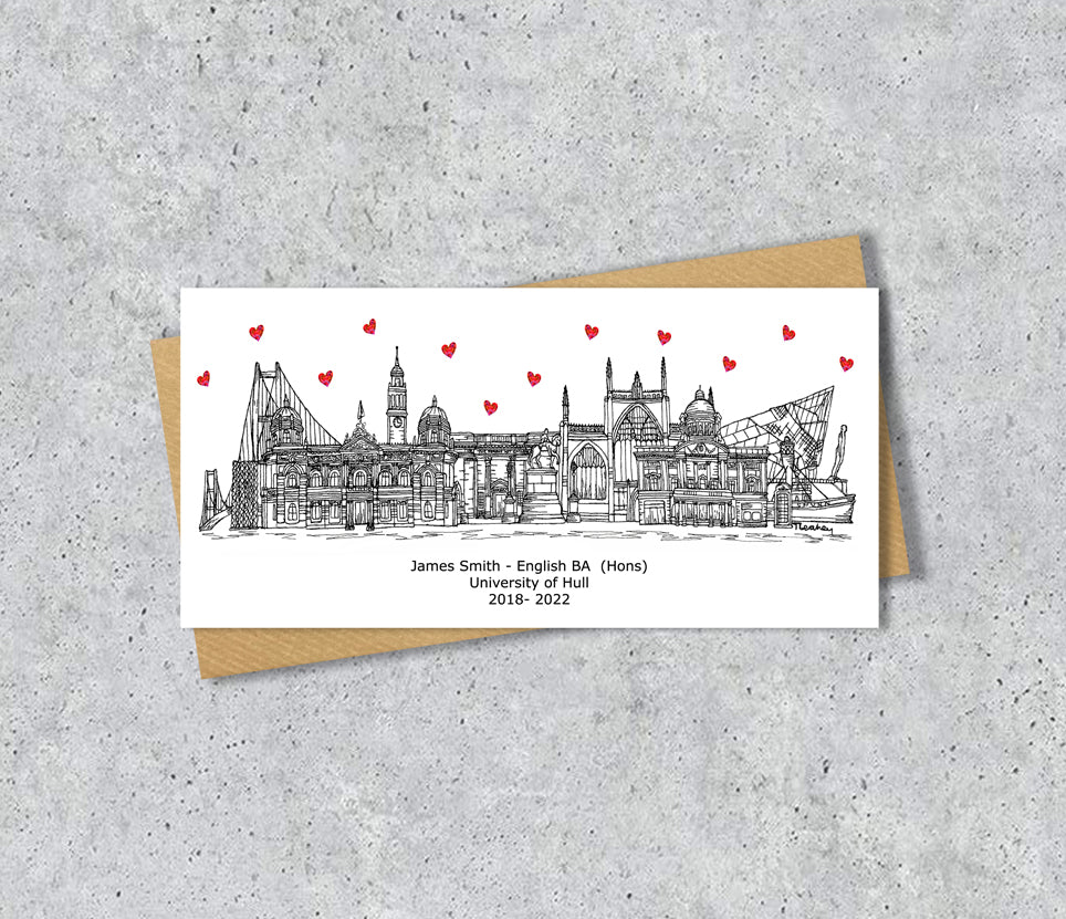 Hull Skyline Graduation or Housewarming Card, Personalised, Hull landmarks, Black White, Red Hearts