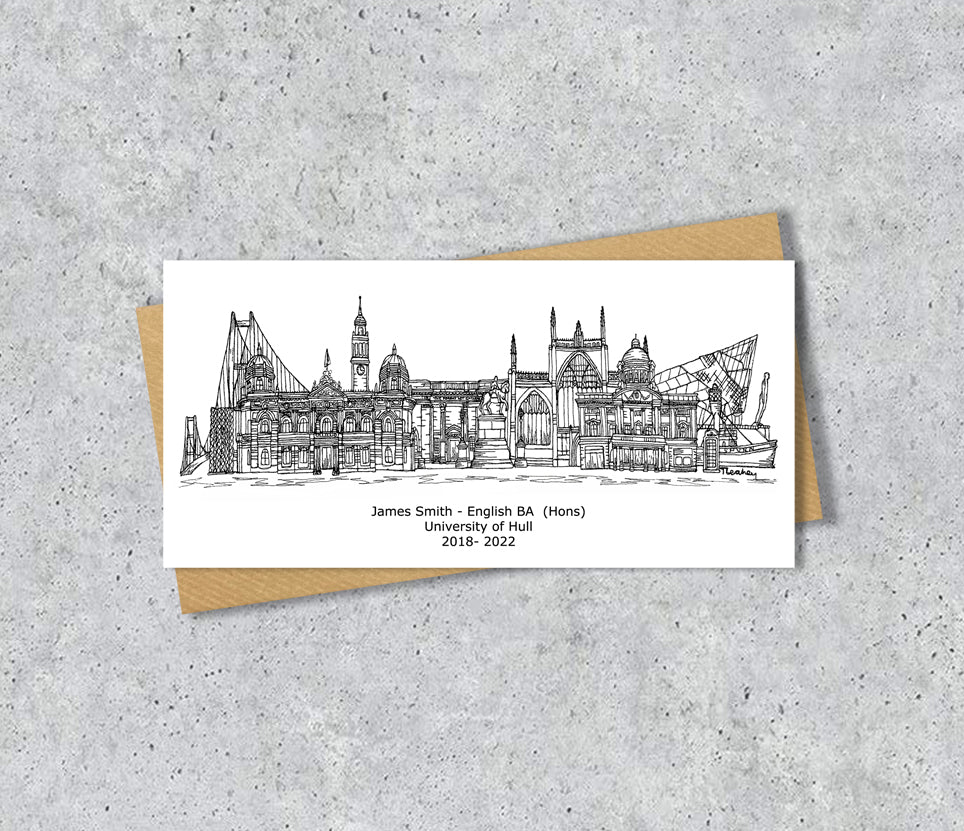 Hull Skyline Graduation or Housewarming Card, Personalised, Hull landmarks, Black White, Red Hearts