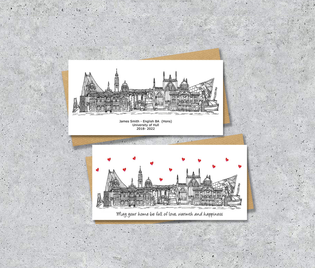 Hull Skyline Graduation or Housewarming Card, Personalised, Hull landmarks, Black White, Red Hearts