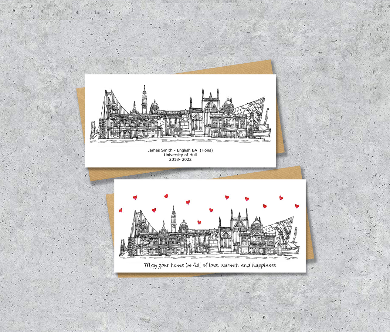 Hull Skyline Graduation or Housewarming Card, Personalised, Hull landmarks, Black White, Red Hearts