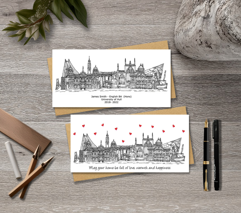 Hull Skyline Graduation or Housewarming Card, Personalised, Hull landmarks, Black White, Red Hearts