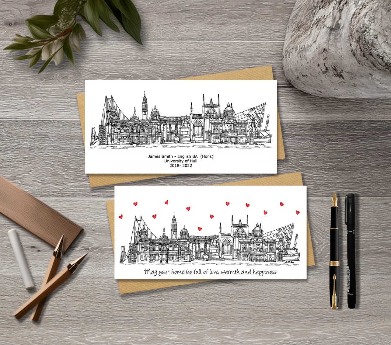 Hull Skyline Graduation or Housewarming Card, Personalised, Hull landmarks, Black White, Red Hearts