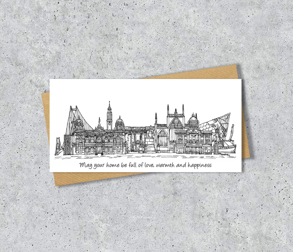 Hull Skyline Graduation or Housewarming Card, Personalised, Hull landmarks, Black White, Red Hearts